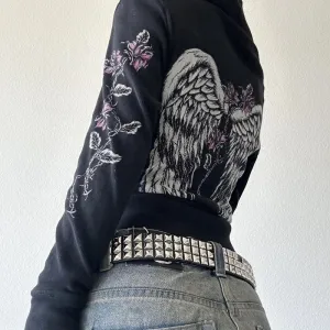 00s Aesthetic Vintage Jacket Y2k Grunge Zip Up Sweatshirt Flower Wings Print Slim Fit Hoodies E-girl Gothic Cool Street Outwear