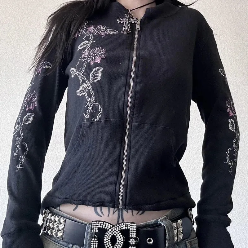 00s Aesthetic Vintage Jacket Y2k Grunge Zip Up Sweatshirt Flower Wings Print Slim Fit Hoodies E-girl Gothic Cool Street Outwear