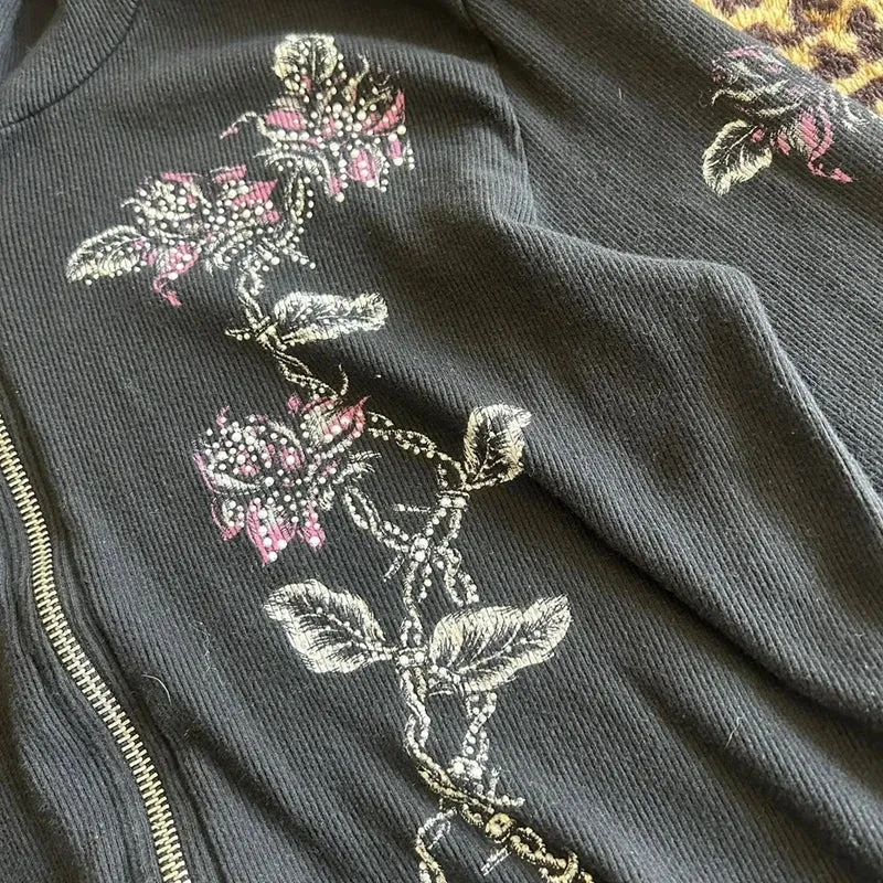 00s Aesthetic Vintage Jacket Y2k Grunge Zip Up Sweatshirt Flower Wings Print Slim Fit Hoodies E-girl Gothic Cool Street Outwear