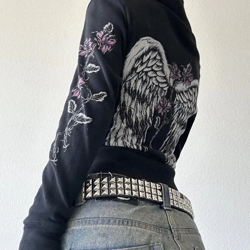 00s Aesthetic Vintage Jacket Y2k Grunge Zip Up Sweatshirt Flower Wings Print Slim Fit Hoodies E-girl Gothic Cool Street Outwear