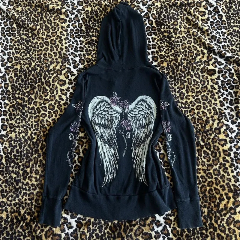 00s Aesthetic Vintage Jacket Y2k Grunge Zip Up Sweatshirt Flower Wings Print Slim Fit Hoodies E-girl Gothic Cool Street Outwear