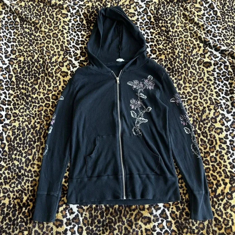 00s Aesthetic Vintage Jacket Y2k Grunge Zip Up Sweatshirt Flower Wings Print Slim Fit Hoodies E-girl Gothic Cool Street Outwear