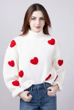 3D Heart Sweater for Women in White | LWT0073-WHITERED