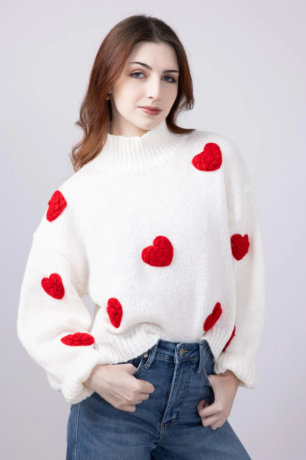 3D Heart Sweater for Women in White | LWT0073-WHITERED