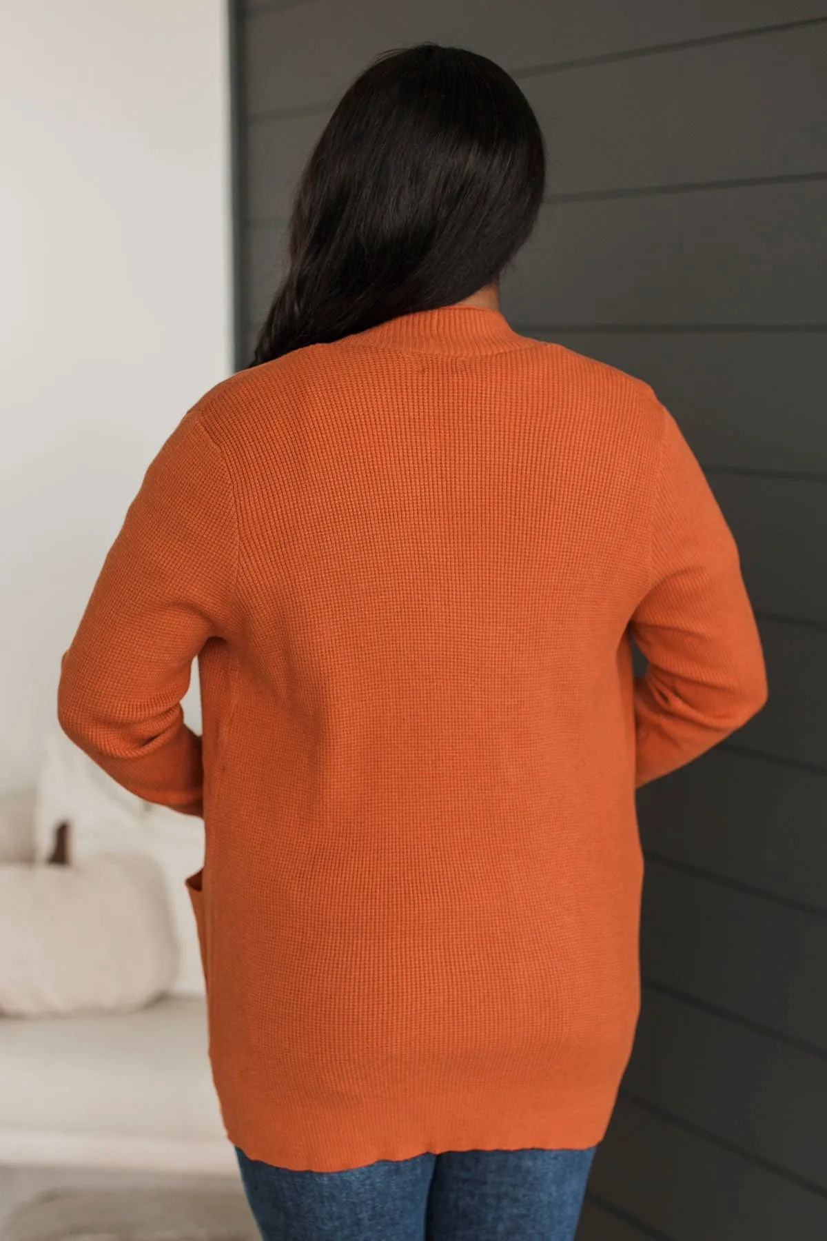 An Afternoon Out Waffle Knit Cardigan- Dark Pumpkin