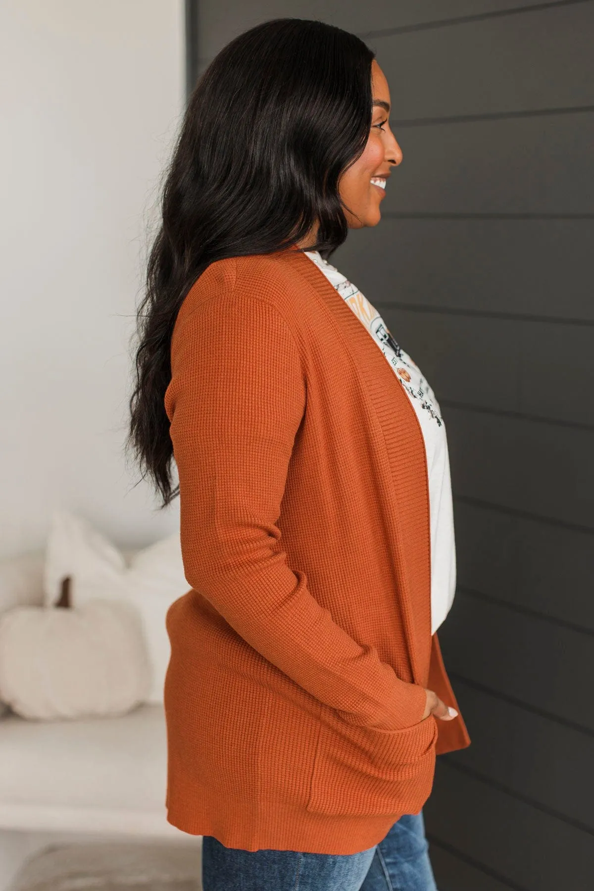 An Afternoon Out Waffle Knit Cardigan- Dark Pumpkin