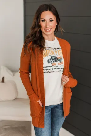 An Afternoon Out Waffle Knit Cardigan- Dark Pumpkin