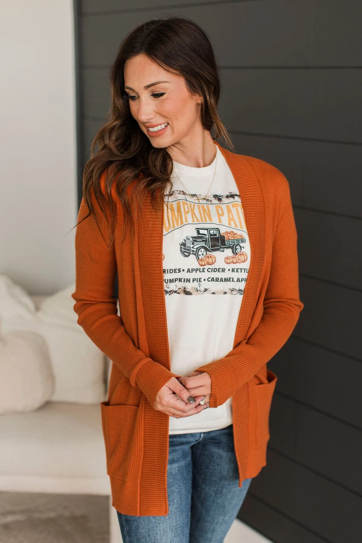 An Afternoon Out Waffle Knit Cardigan- Dark Pumpkin