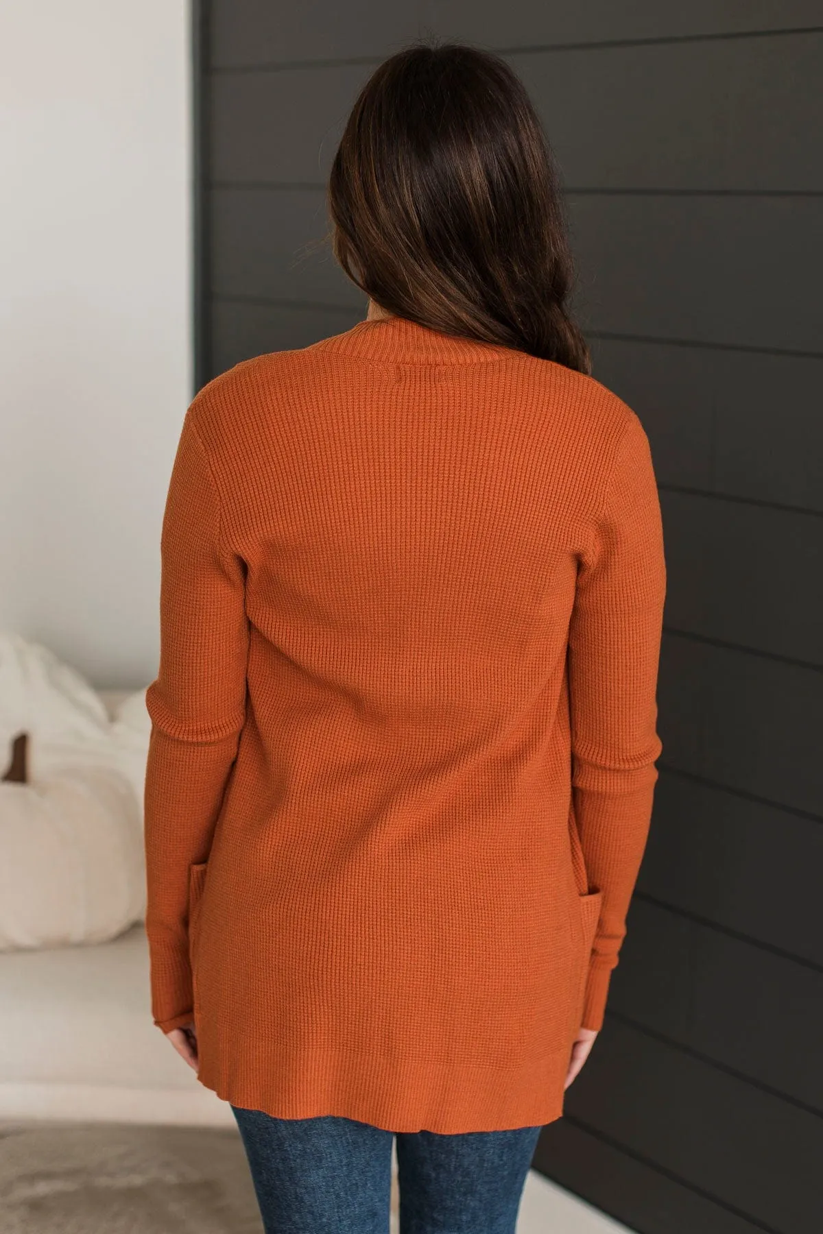An Afternoon Out Waffle Knit Cardigan- Dark Pumpkin