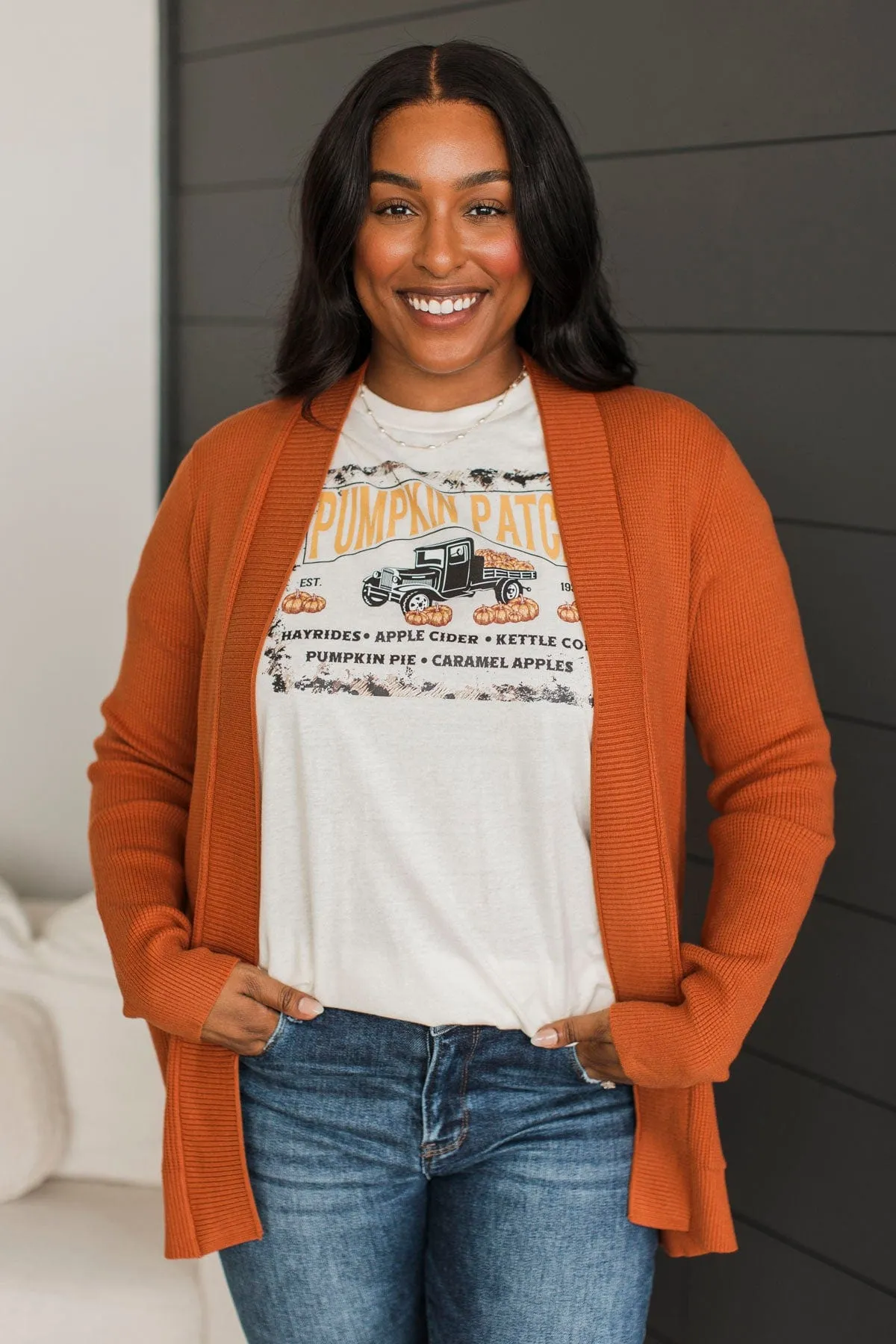 An Afternoon Out Waffle Knit Cardigan- Dark Pumpkin