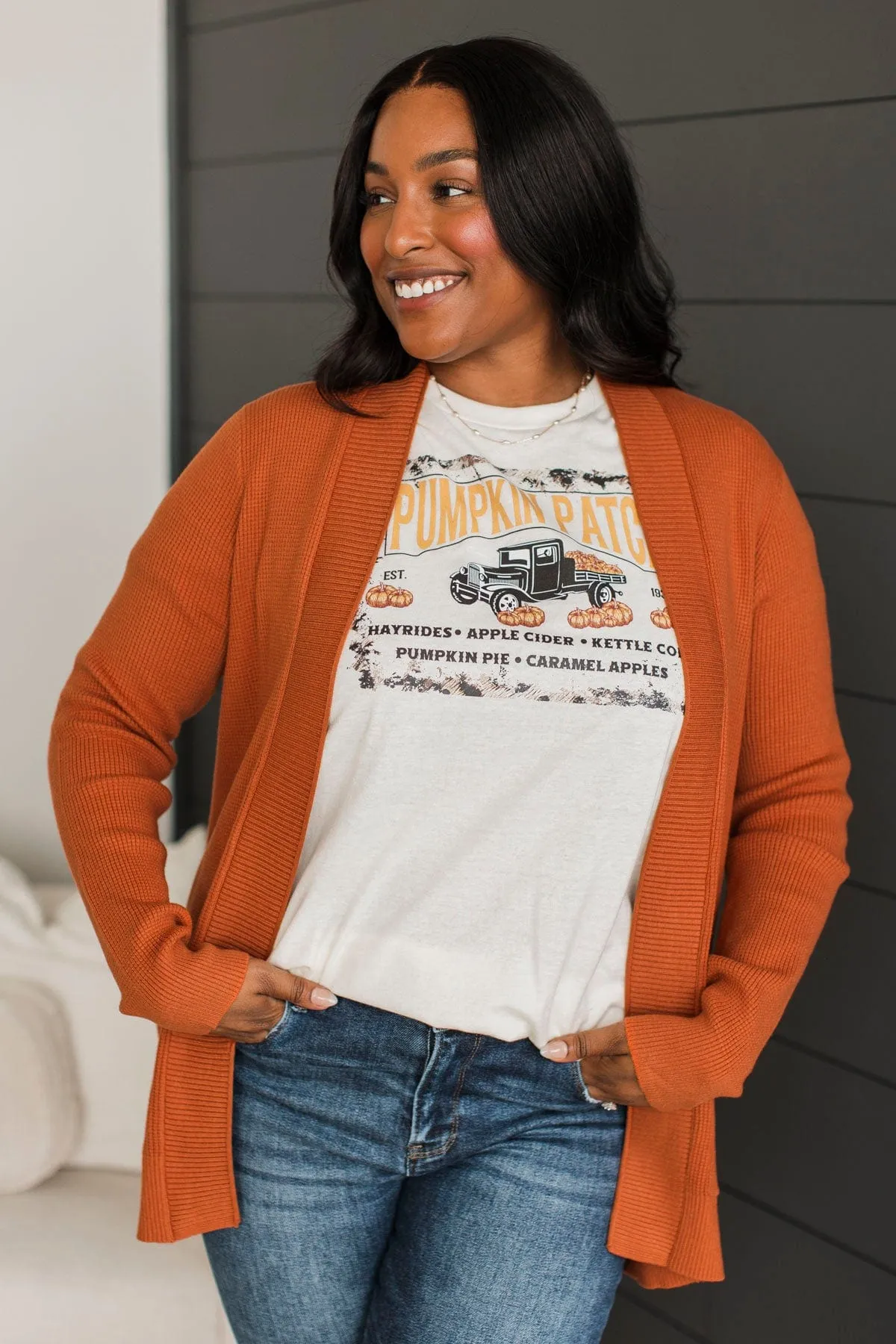 An Afternoon Out Waffle Knit Cardigan- Dark Pumpkin