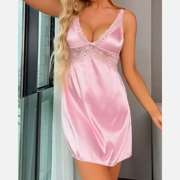 Babydoll Lingerie Robe Set Women Satin Lace Bathrobe Long Sleeve Robe Nightgown
