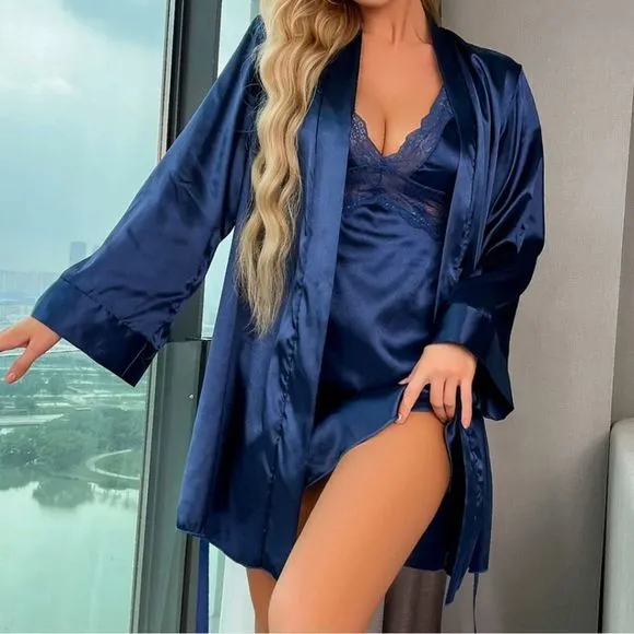 Babydoll Lingerie Robe Set Women Satin Lace Bathrobe Long Sleeve Robe Nightgown