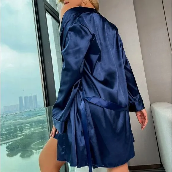 Babydoll Lingerie Robe Set Women Satin Lace Bathrobe Long Sleeve Robe Nightgown