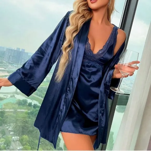Babydoll Lingerie Robe Set Women Satin Lace Bathrobe Long Sleeve Robe Nightgown