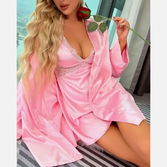 Babydoll Lingerie Robe Set Women Satin Lace Bathrobe Long Sleeve Robe Nightgown