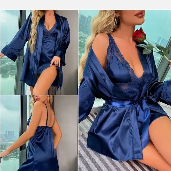 Babydoll Lingerie Robe Set Women Satin Lace Bathrobe Long Sleeve Robe Nightgown
