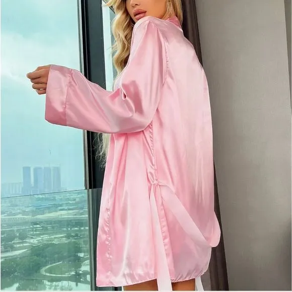 Babydoll Lingerie Robe Set Women Satin Lace Bathrobe Long Sleeve Robe Nightgown