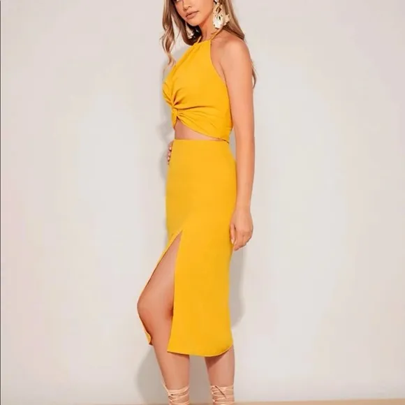 Backless crop halter top and split thigh skirt