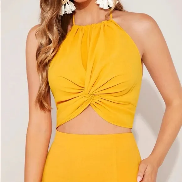 Backless crop halter top and split thigh skirt