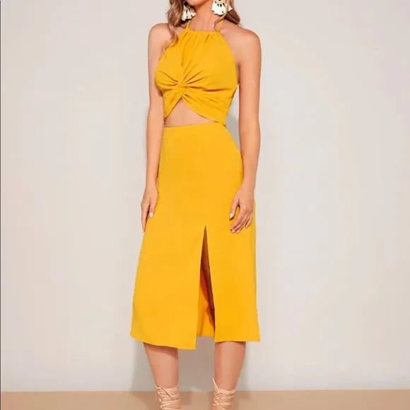 Backless crop halter top and split thigh skirt