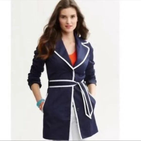 Banana Republic Navy Blue White Tipped Trench coat Women’s Size S