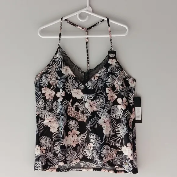 BCBGMAXAZRIA Pajama Set Cami Shorts Floral Tropical Palm Black Pink White Large