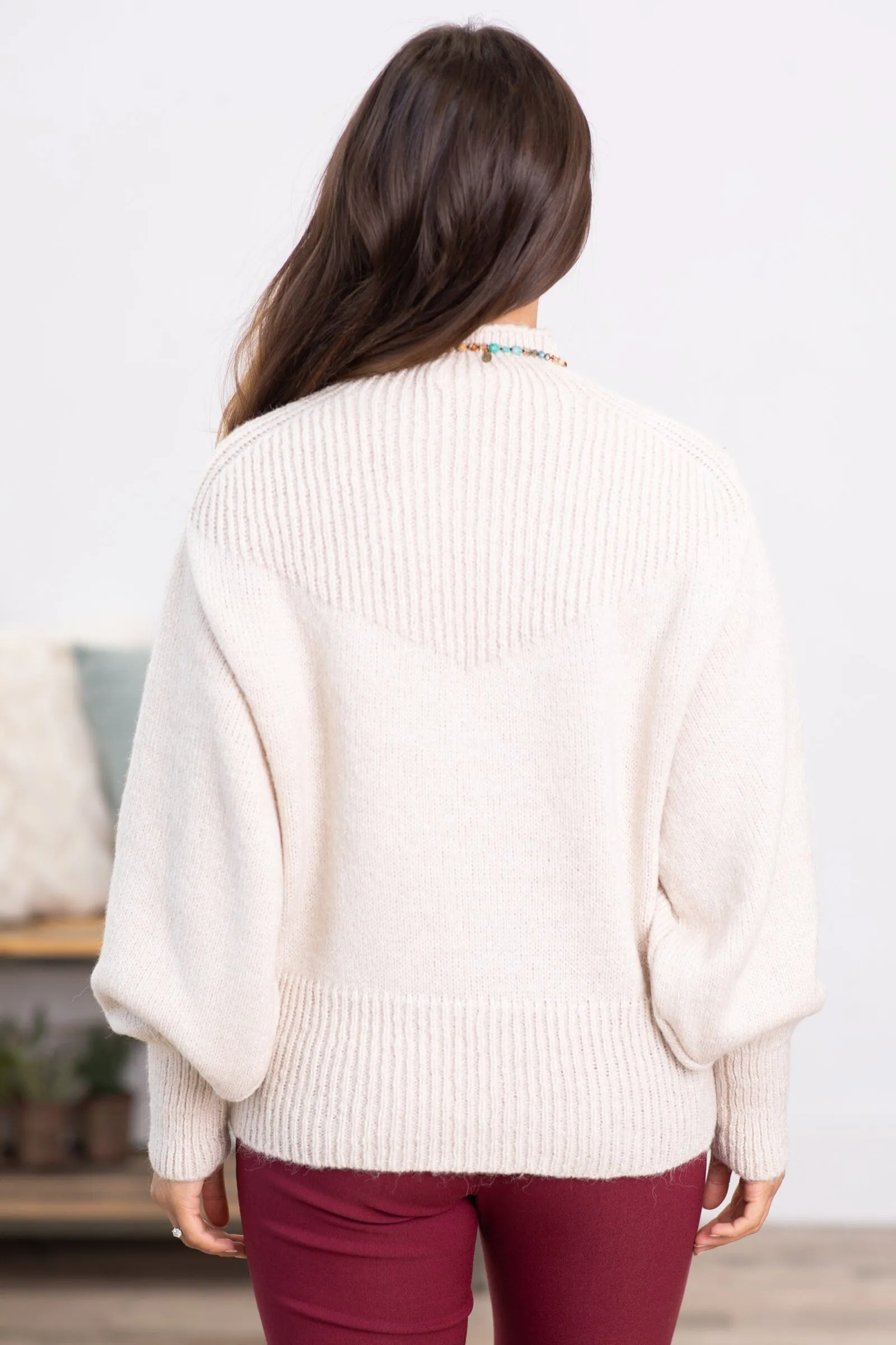 Beige Balloon Sleeve Mock Neck Sweater