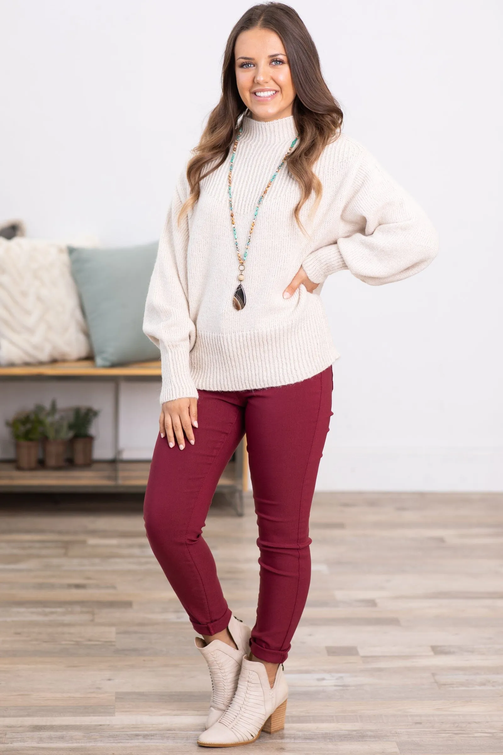 Beige Balloon Sleeve Mock Neck Sweater