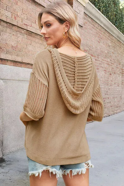 Bella Openwork Drawstring Hooded Half Sleeve Knit Top