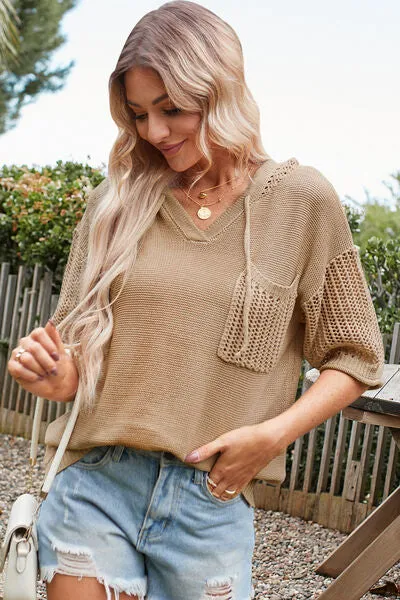 Bella Openwork Drawstring Hooded Half Sleeve Knit Top