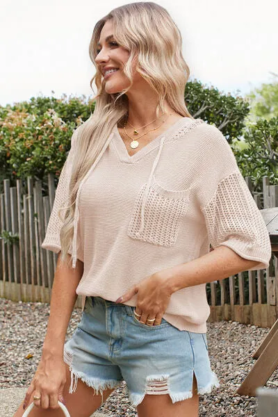 Bella Openwork Drawstring Hooded Half Sleeve Knit Top
