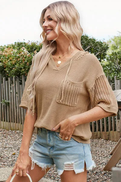 Bella Openwork Drawstring Hooded Half Sleeve Knit Top