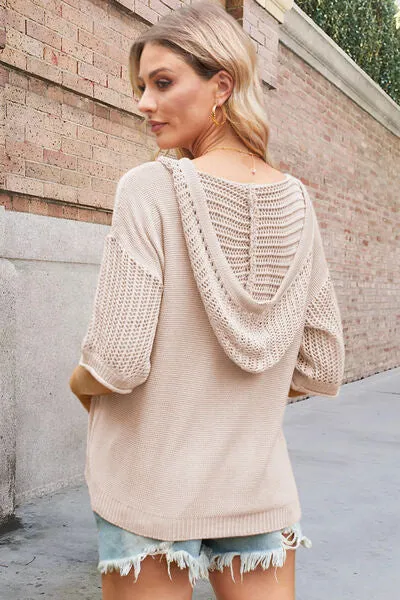 Bella Openwork Drawstring Hooded Half Sleeve Knit Top