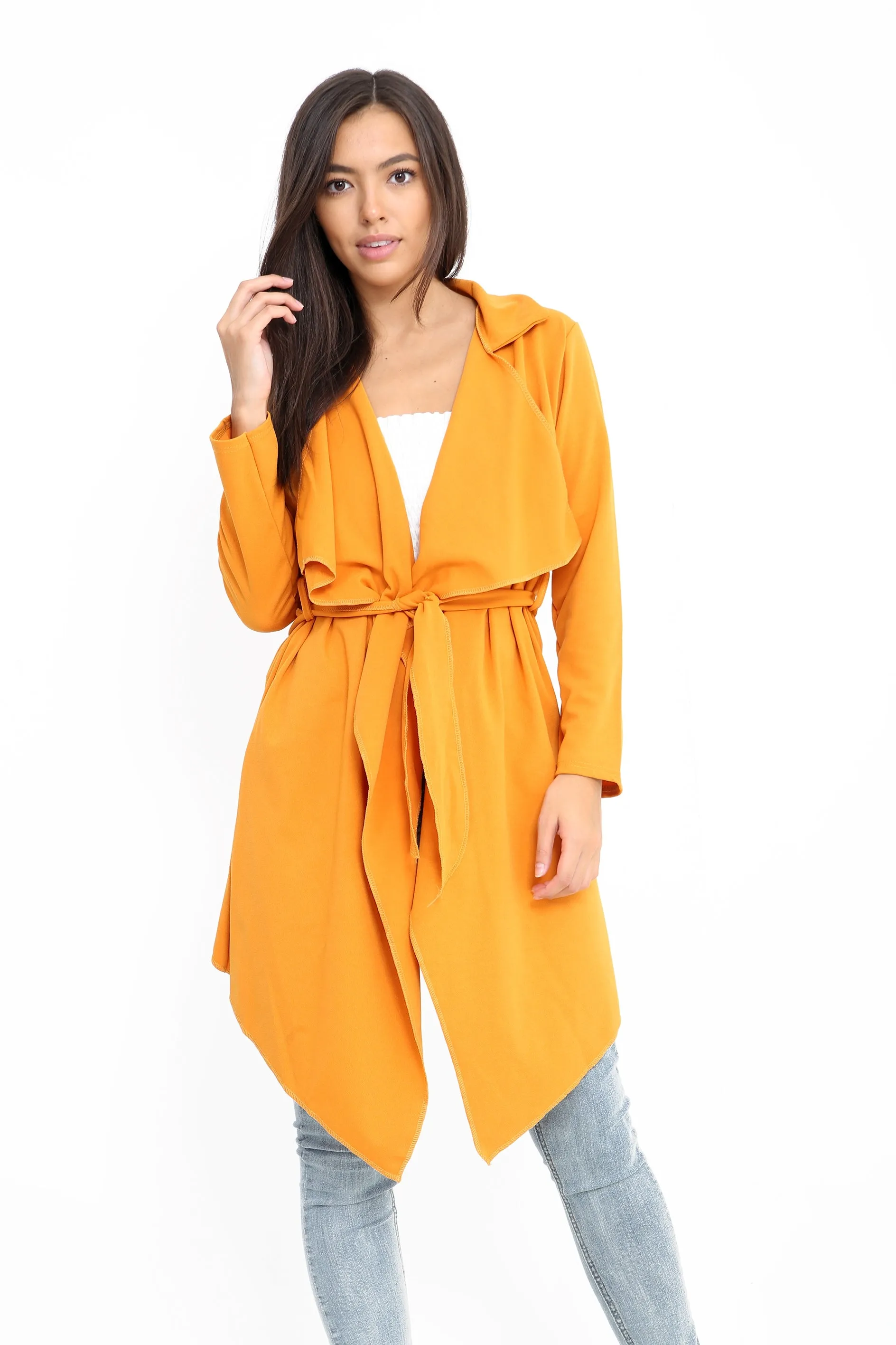Belted Waterfall Collar Coat