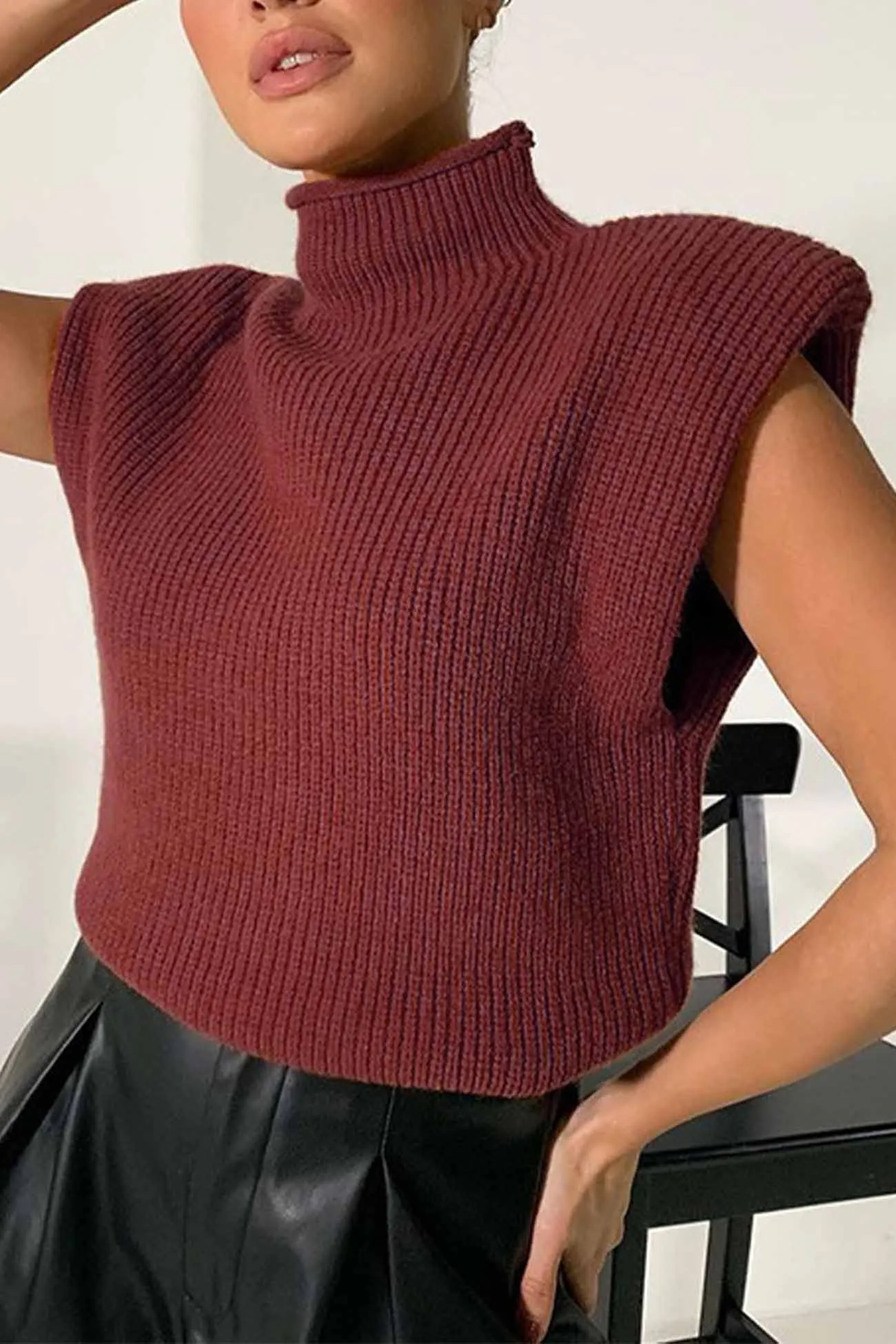 BerryBetty - Solid Mock Neck Sleeveless Sweater