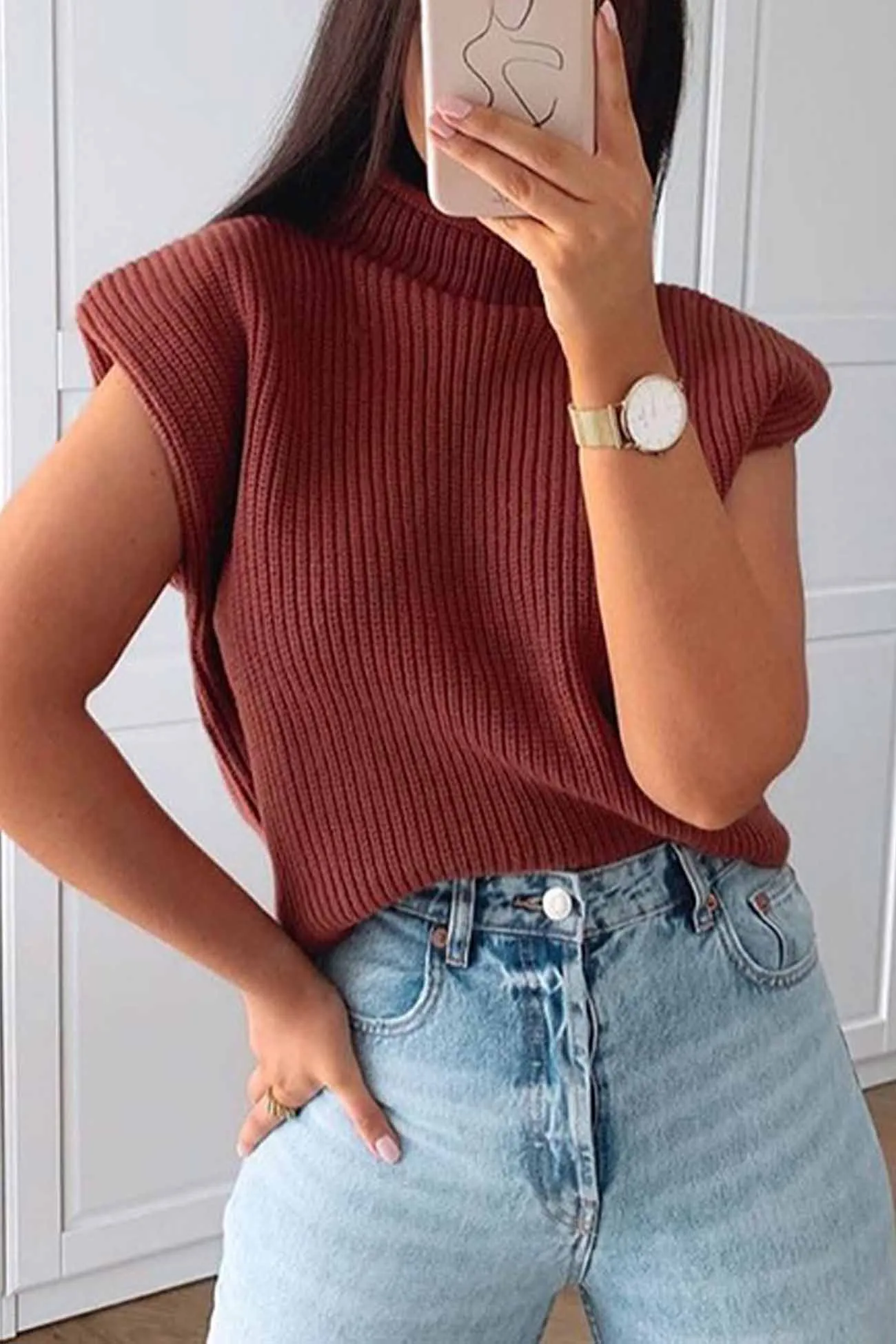 BerryBetty - Solid Mock Neck Sleeveless Sweater
