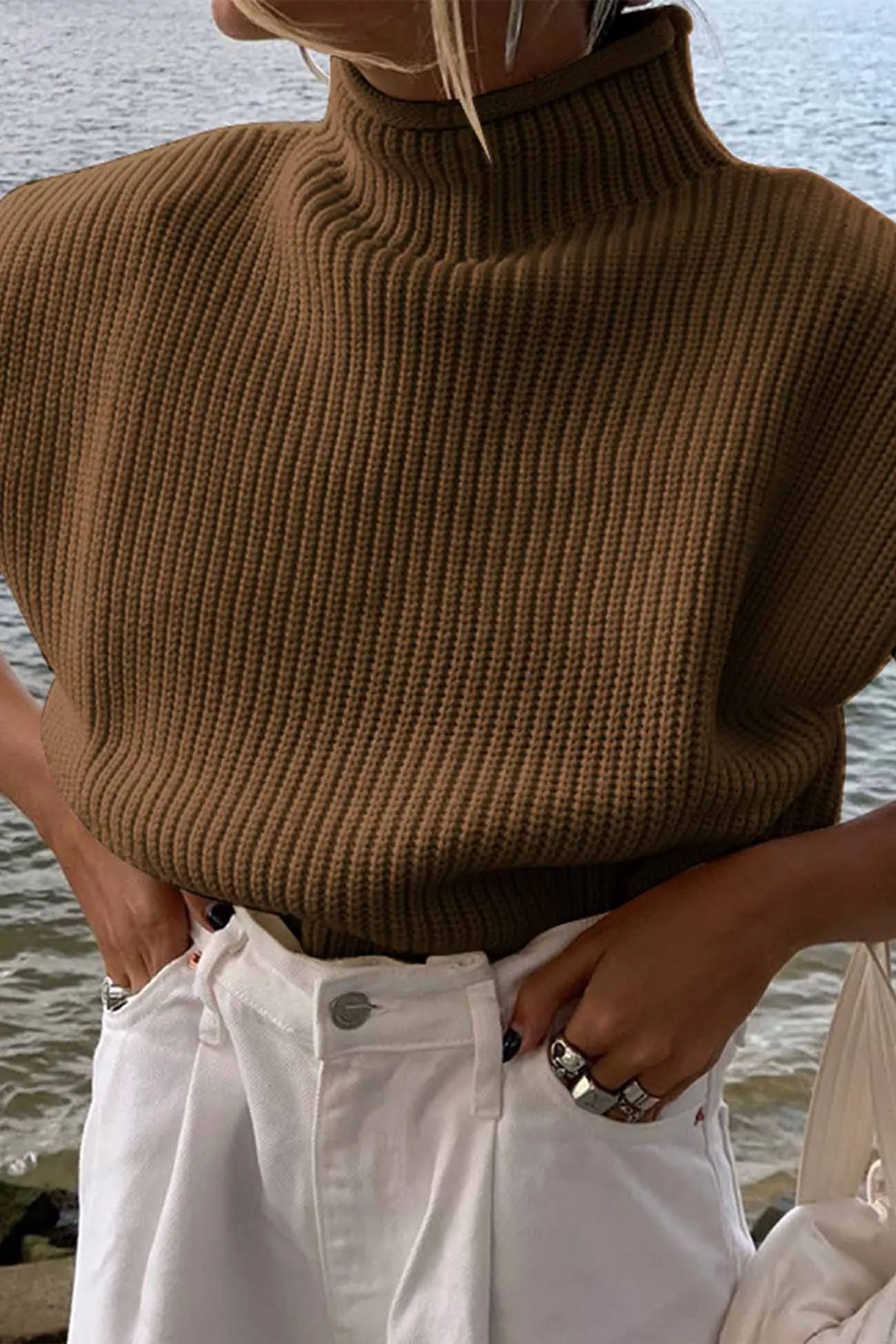 BerryBetty - Solid Mock Neck Sleeveless Sweater