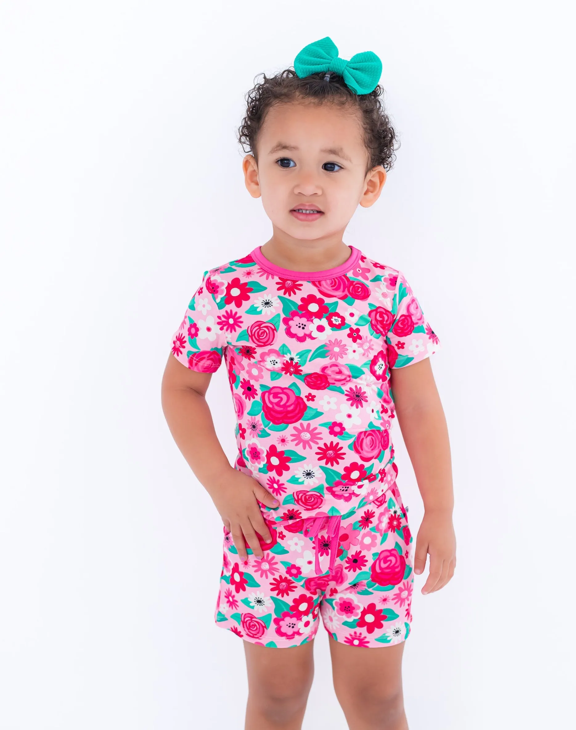 Birdie Bean Rosie Pink Flowers 2-piece Short Sleeve Kids Pajamas with Shorts