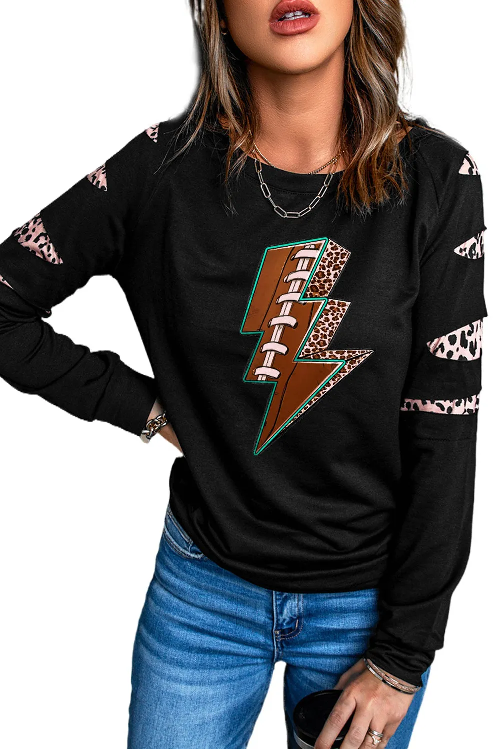 Black 3D Magic Lightning Leopard Spliced Long Sleeve Sweatshirt