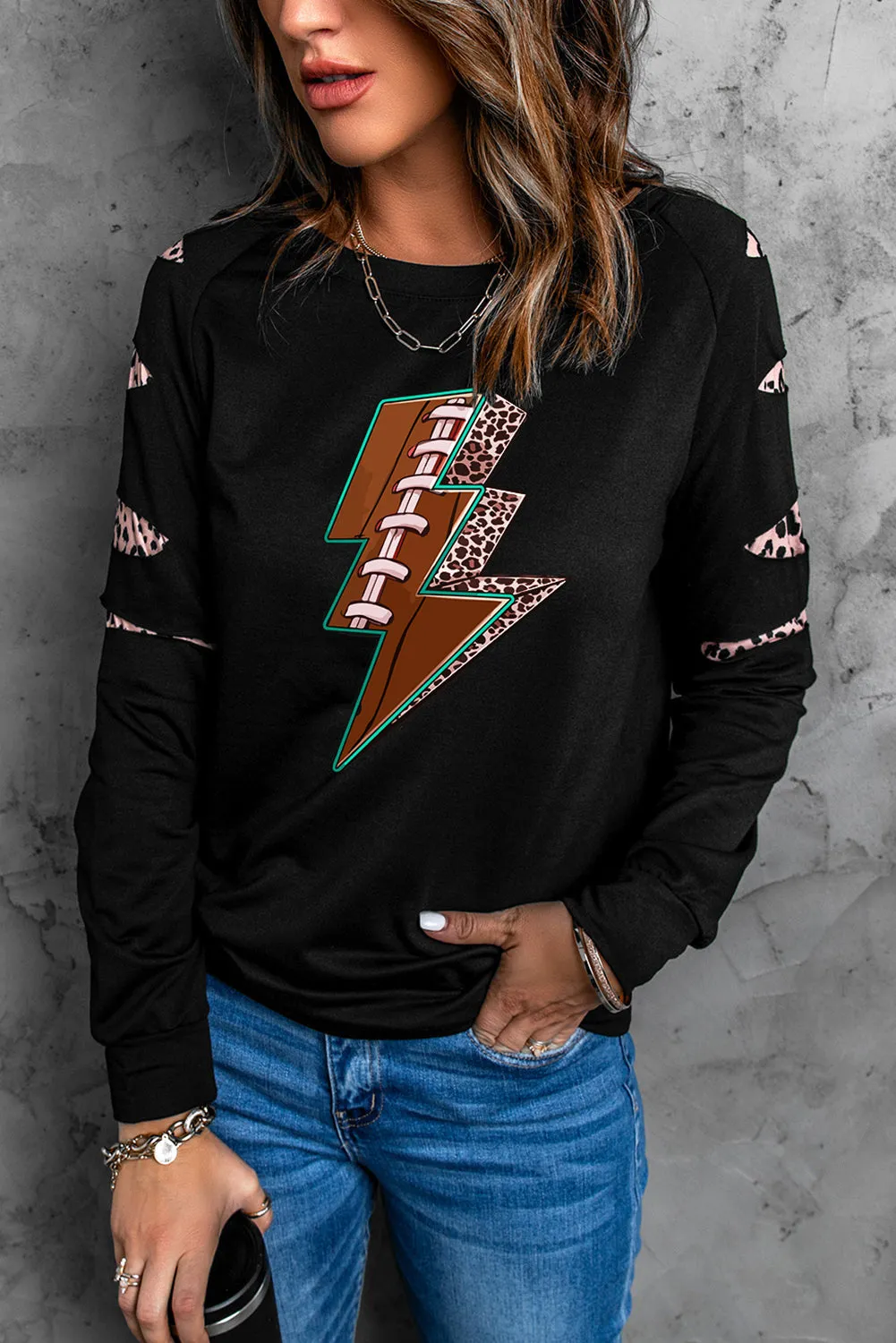 Black 3D Magic Lightning Leopard Spliced Long Sleeve Sweatshirt