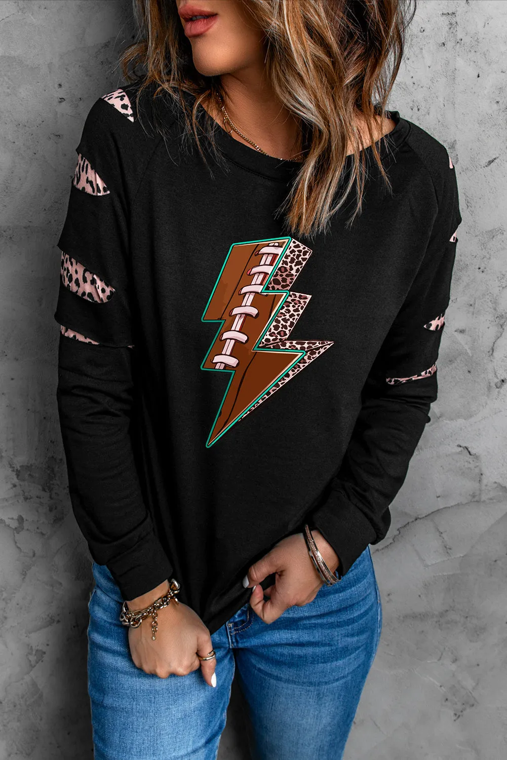 Black 3D Magic Lightning Leopard Spliced Long Sleeve Sweatshirt