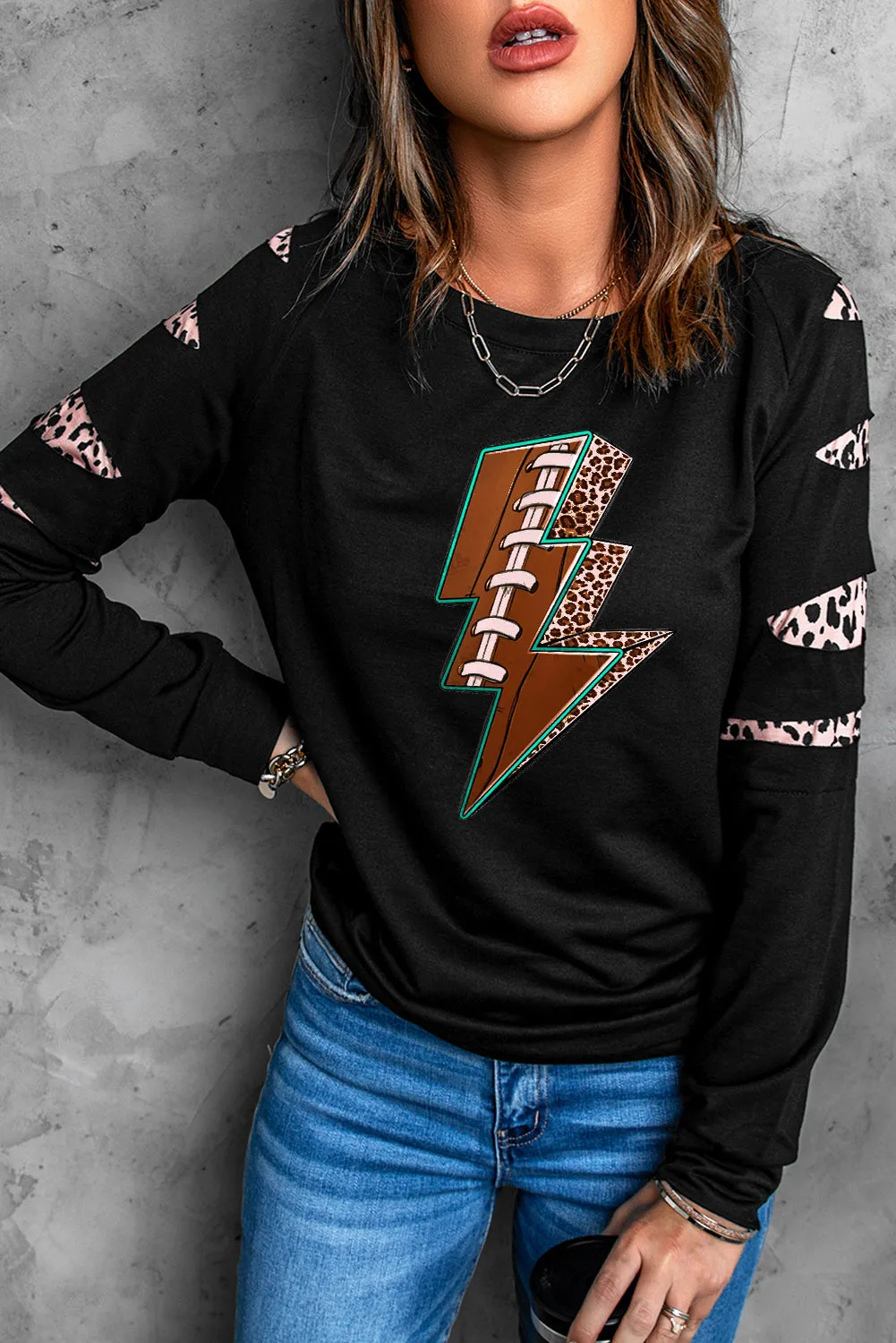 Black 3D Magic Lightning Leopard Spliced Long Sleeve Sweatshirt