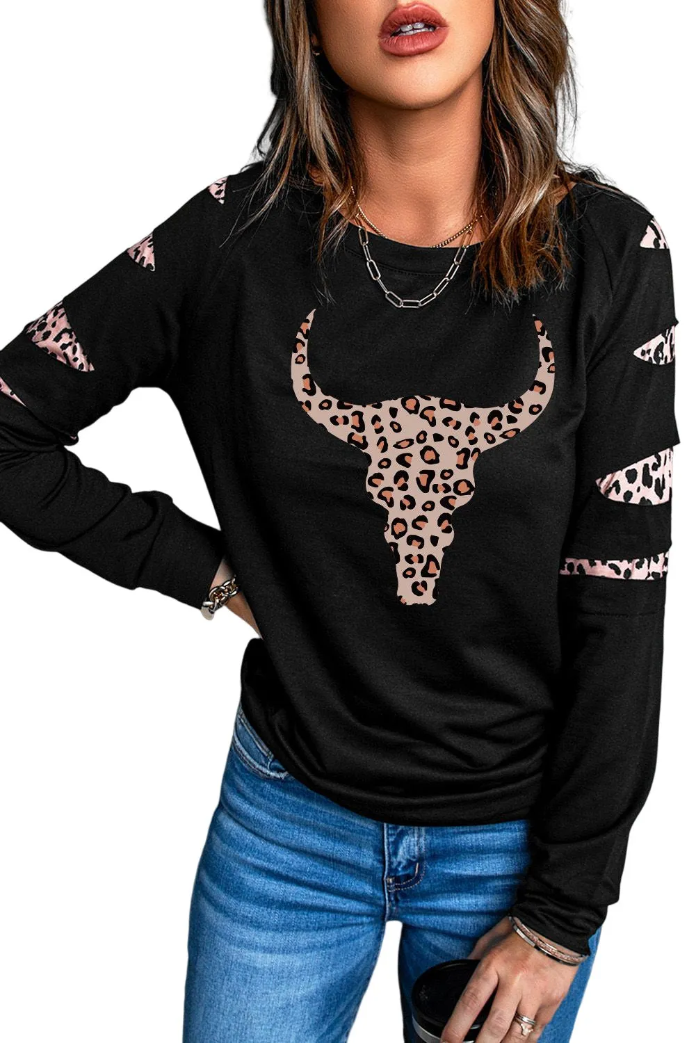 Black Leopard Ox Head Cut Out Long Sleeve Sweatshirt