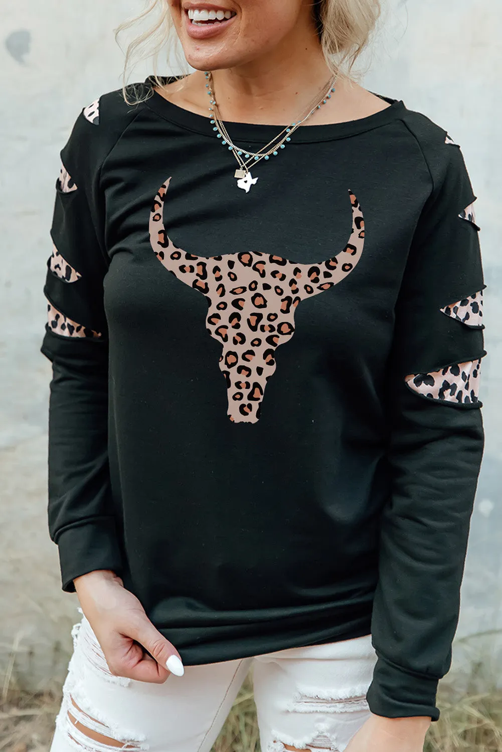 Black Leopard Ox Head Cut Out Long Sleeve Sweatshirt