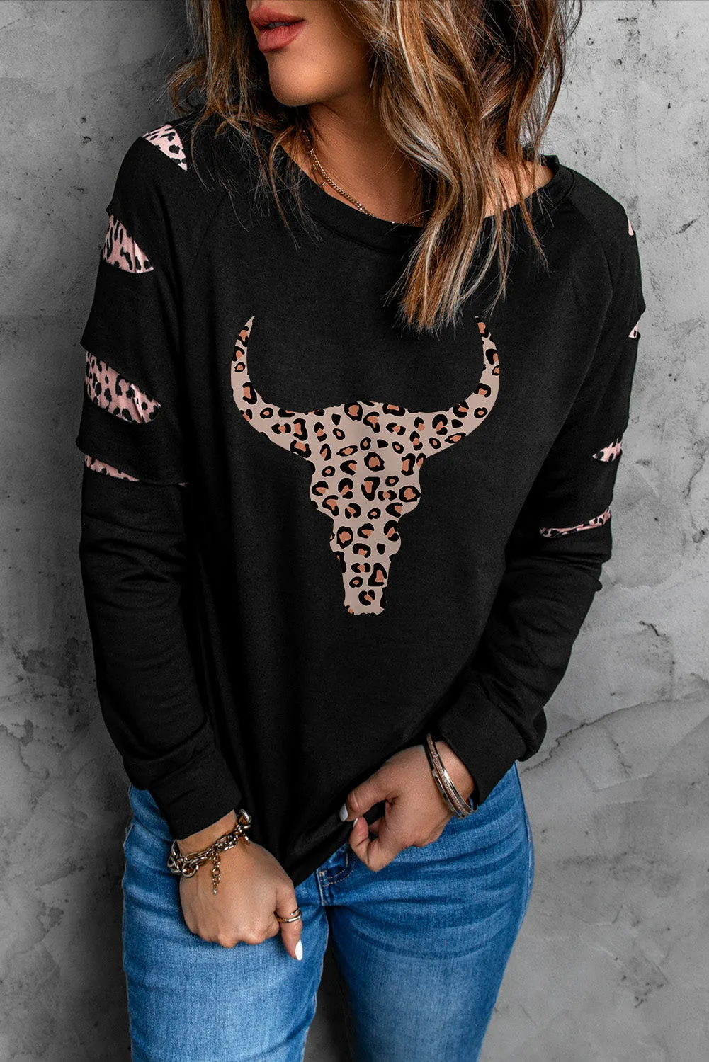 Black Leopard Ox Head Cut Out Long Sleeve Sweatshirt