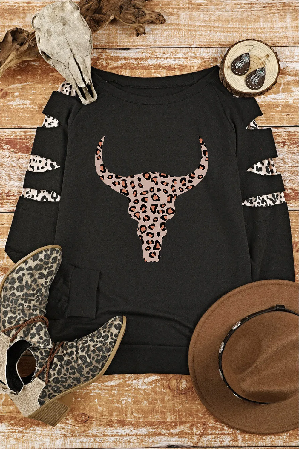 Black Leopard Ox Head Cut Out Long Sleeve Sweatshirt