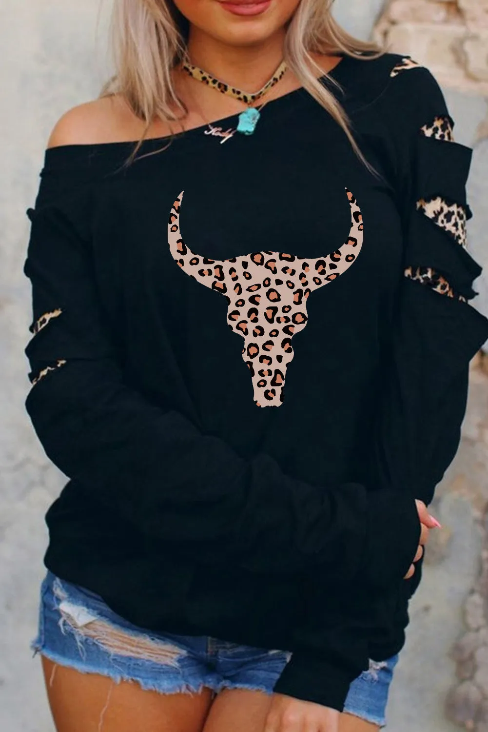 Black Leopard Ox Head Cut Out Long Sleeve Sweatshirt