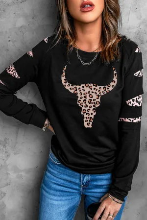 Black Leopard Ox Head Cut Out Long Sleeve Sweatshirt