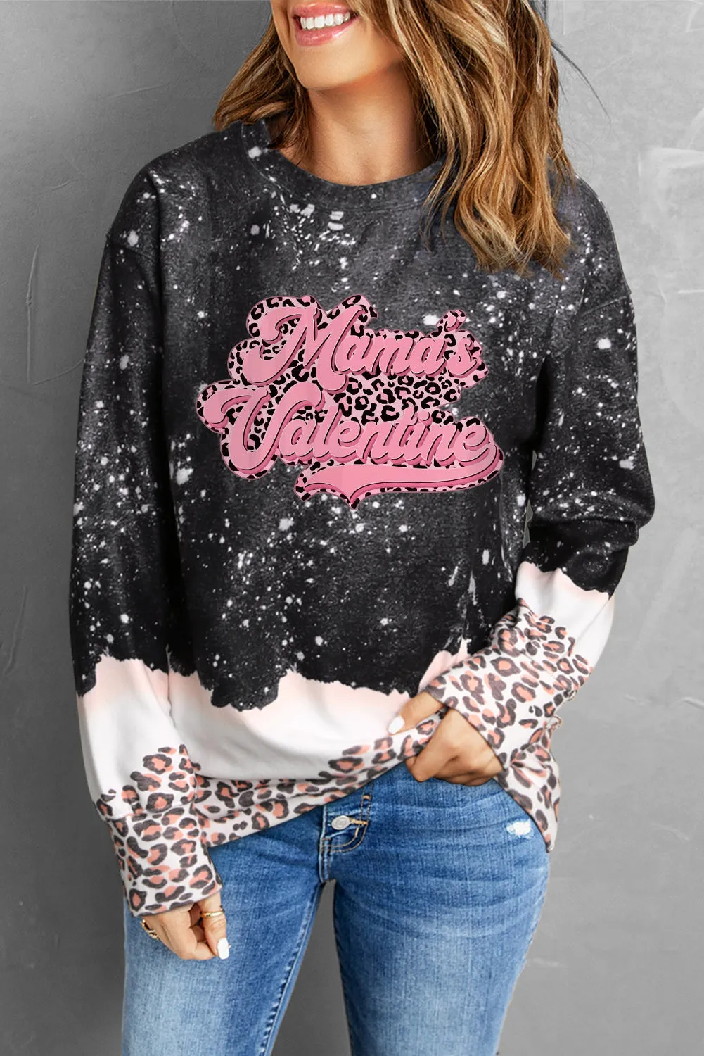 Black Mamas Valentine Leopard Bleached Sweatshirt
